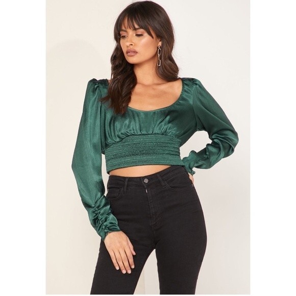 Free People Evergreen Santiago Satin Cropped Blouse Size Medium Sexy Chic - Picture 2 of 16